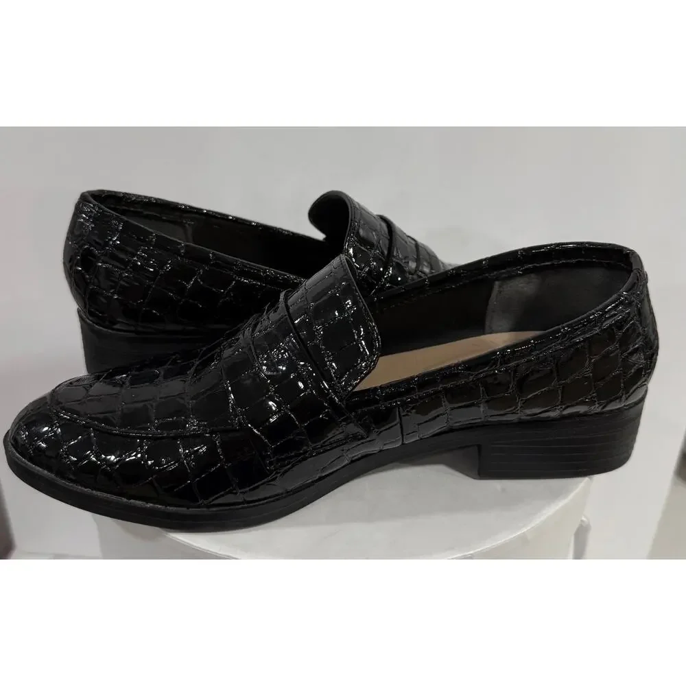 ALDO Black Croc Embossed Patent Penny Loafers Women's Size 7 Preppy Dress Shoes